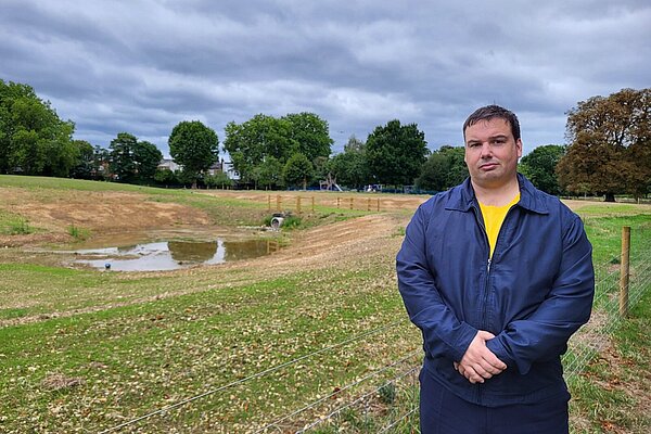 Lib Dem Matt Mellor campaigning for an independent review into the Lammas Park SuDS scheme.
