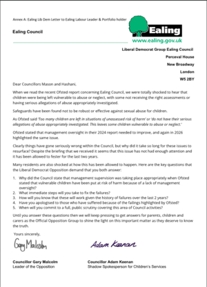 Annex A below: Ealing Lib Dem Letter to Ealing Labour Leader and Portfolio holder laying out five minimum actions.