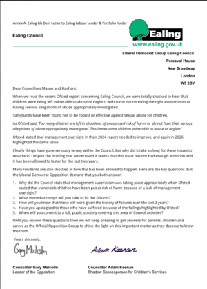 Annex A: Ealing Lib Dem Letter to the Ealing Labour Leader and portfolio holder.